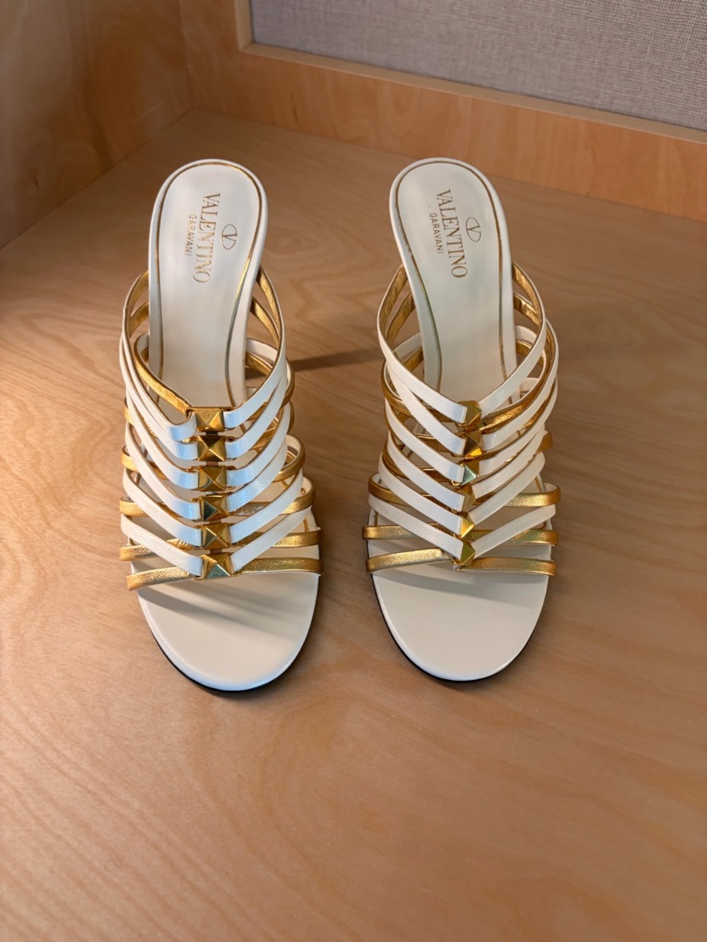 Valentino White and Gold Multi-Strap Slide Mules